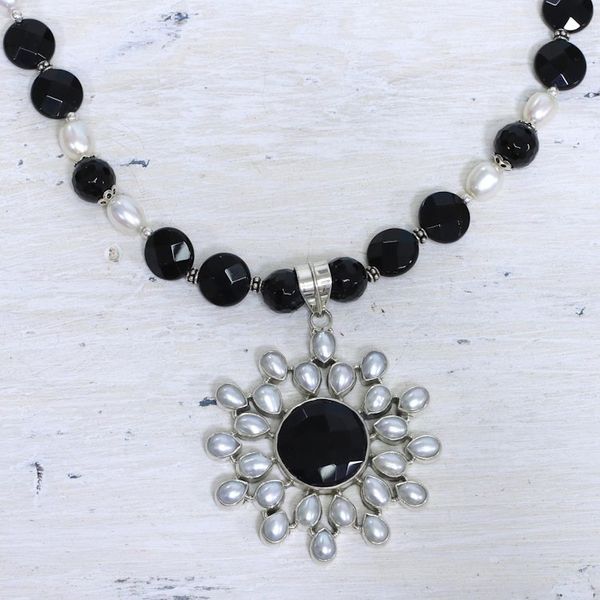 Alternate image for Artisan Crafted Sterling Silver Pearl and Onyx Necklace Facets