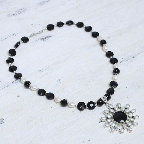 Alternate image for Artisan Crafted Sterling Silver Pearl and Onyx Necklace Facets