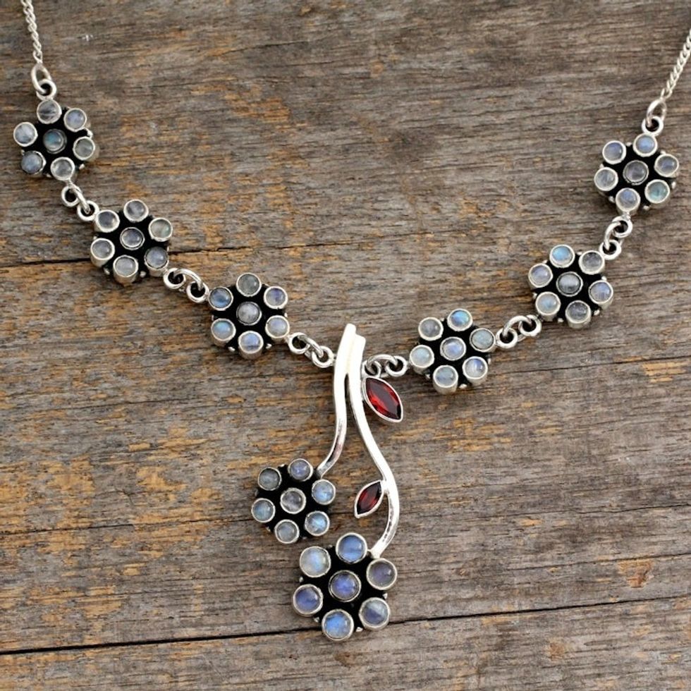 Moonstone and garnet floral necklace 'White Marigold'