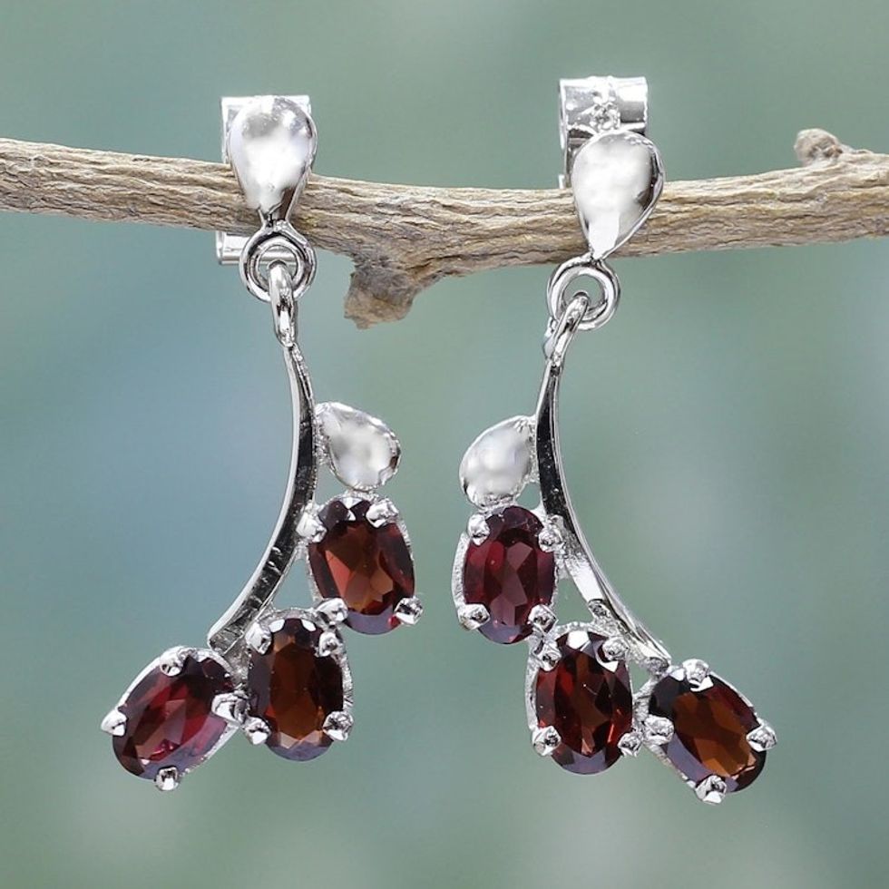 Sterling Silver and Garnet Earrings Artisan Jewelry 'Bright Blossoms'