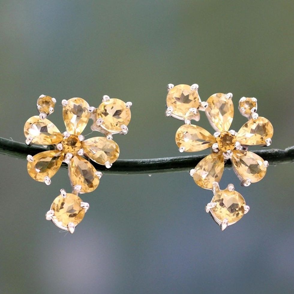 Hand Made Floral Citrine Button Earrings 'Sunshine Petals'