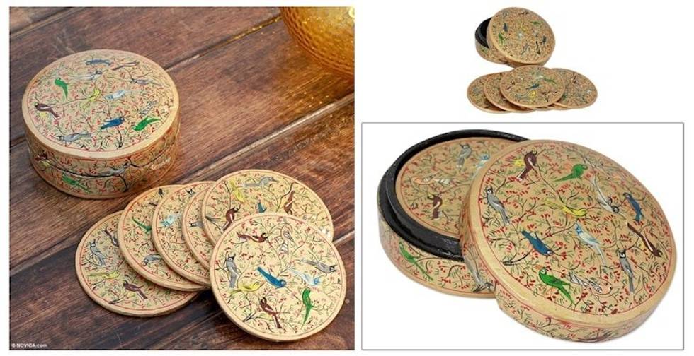 Papier mache coasters Set of 6 'Golden Srinagar Birds'