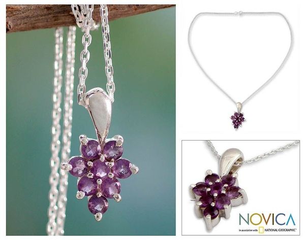 Alternate image for Artisan Crafted Silver and Amethyst Pendant Necklace Star of Delhi