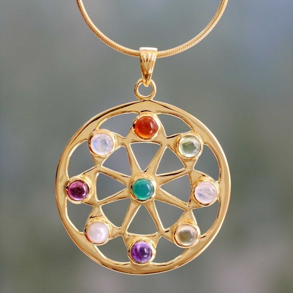 Pearl and Gemstones on Gold Vermeil Necklace 'Indian Sun'