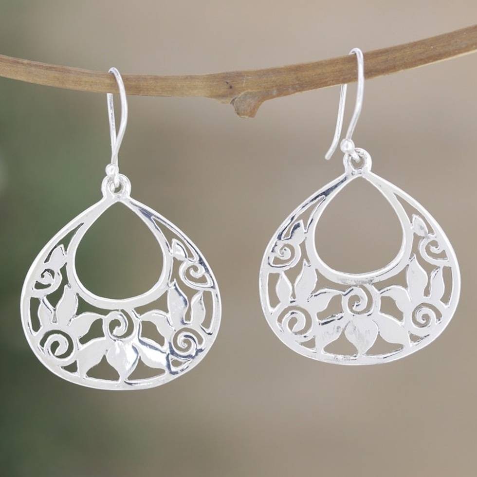 Floral Jewelry from India Handmade Silver Earrings 'Moonlit Lotus'
