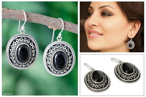 Alternate image for Black Onyx and Sterling Silver Earrings from India Tradition