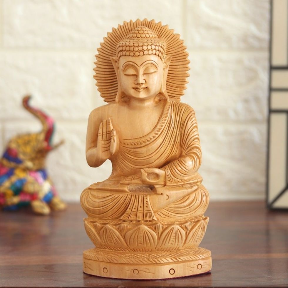 Carved wood statuette 'Buddha, Peace on Earth'