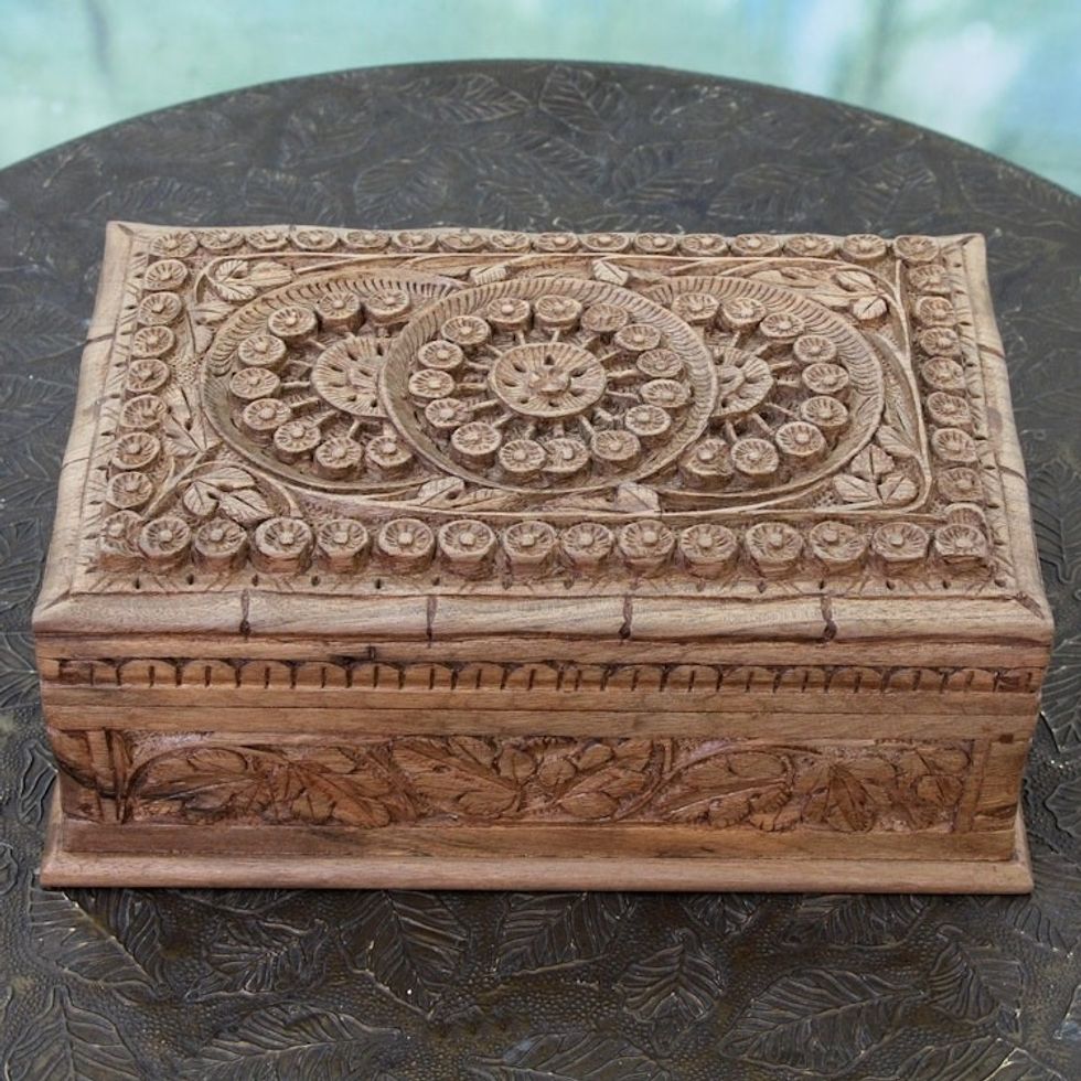 Handmade Floral Wood Jewelry Box from India 'Sunflower Ivy'