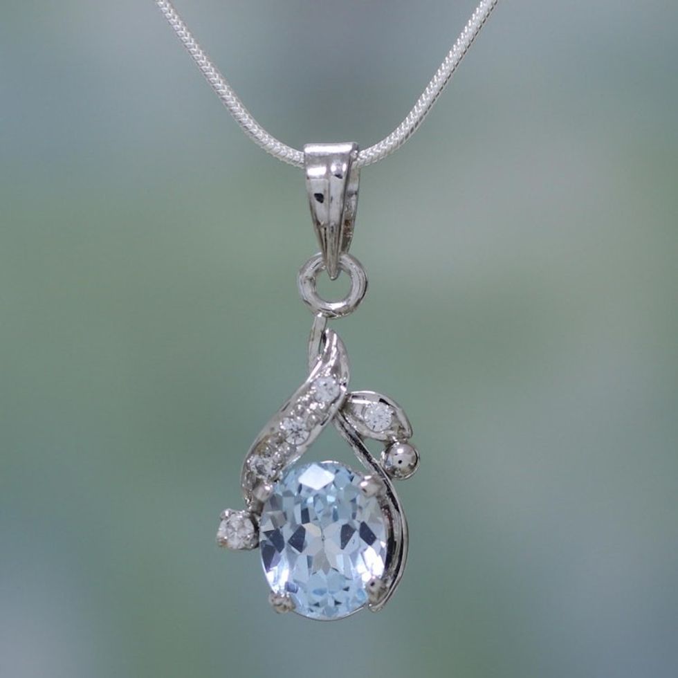 Sterling Silver Necklace Cubic Zirconia Blue Handmade 'Dazzling Dew'