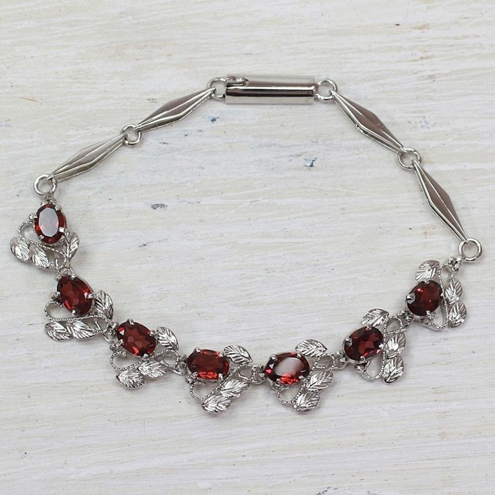 Floral Garnet Bracelet Handcrafted in Sterling Silver 'Nature's Delight'