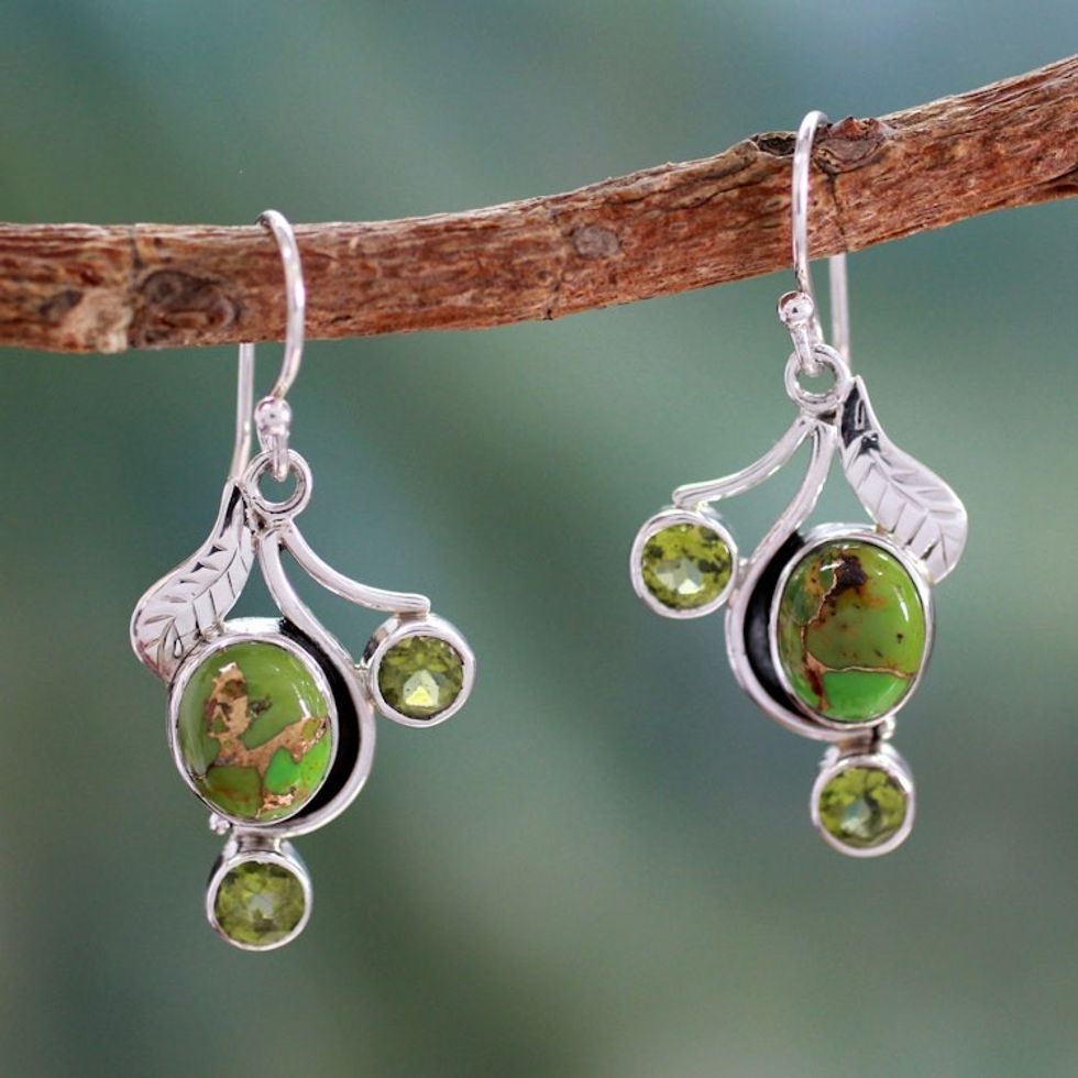 Green Turquoise and Peridot Earrings from India 'Dew Blossom'