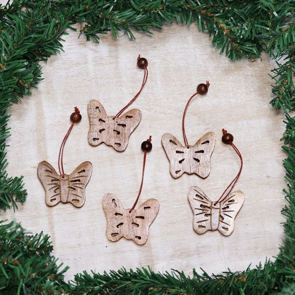 Wood ornaments Set of 5 'Butterfly Holiday'