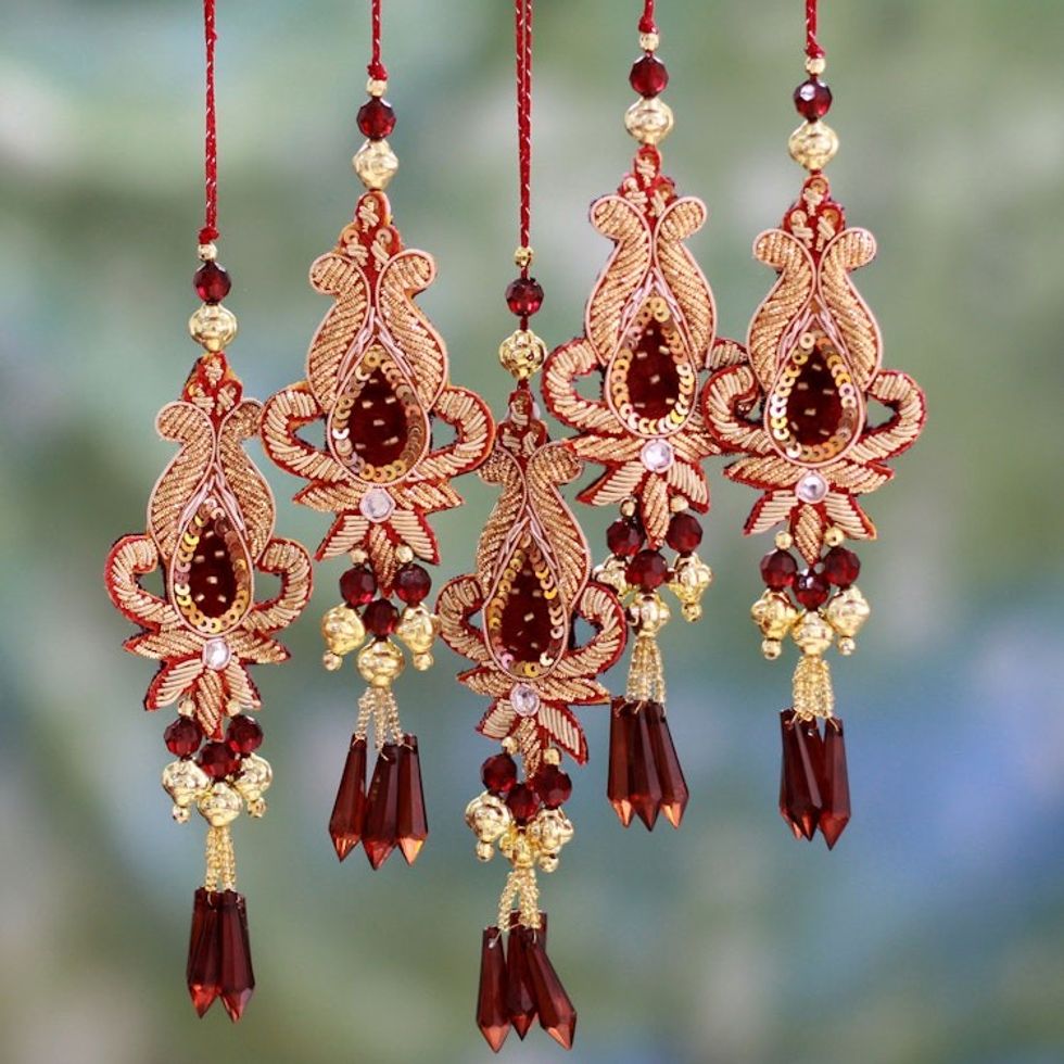 Beaded Christmas Ornaments from India Set of 5 'Golden Paisley'