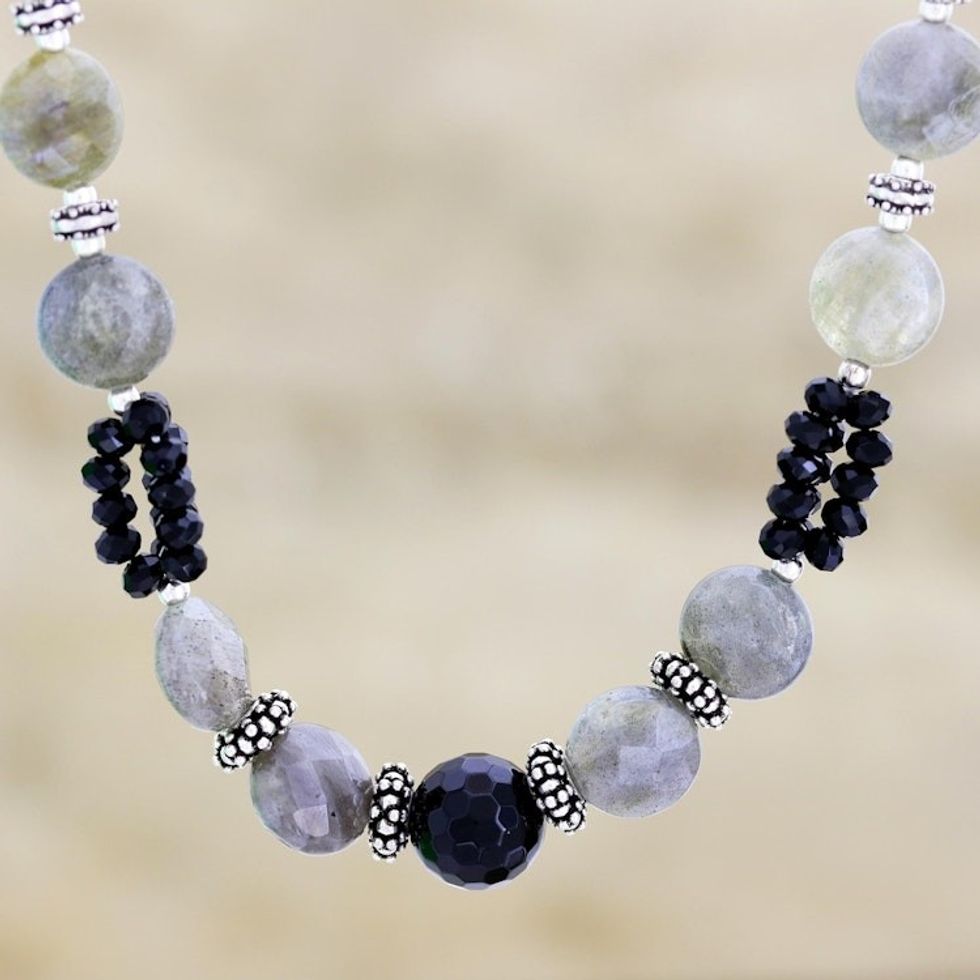 Onyx and labradorite beaded necklace 'Mysterious Moonlight'