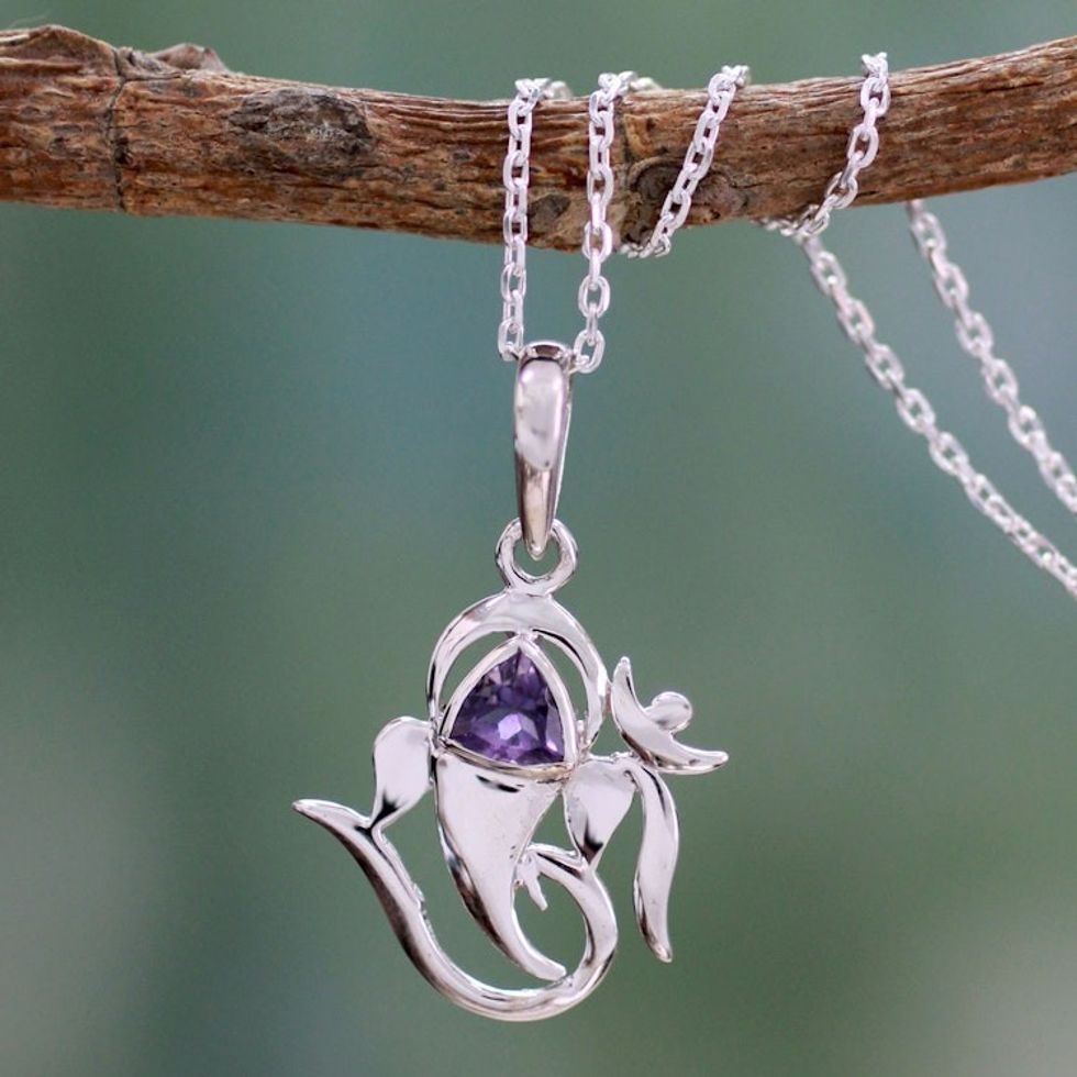 Sterling Silver and Amethyst Necklace Hindu Jewelry 'Mystical Ganesha'