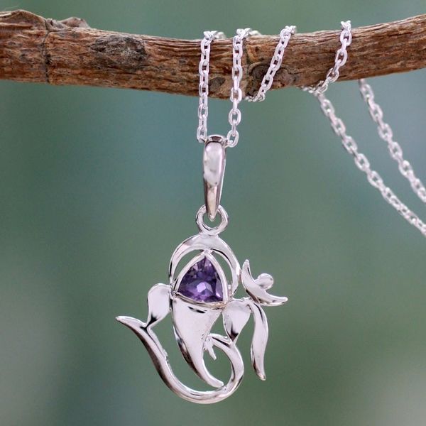 Alternate image for Sterling Silver and Amethyst Necklace Hindu Jewelry Mystical Ganesha