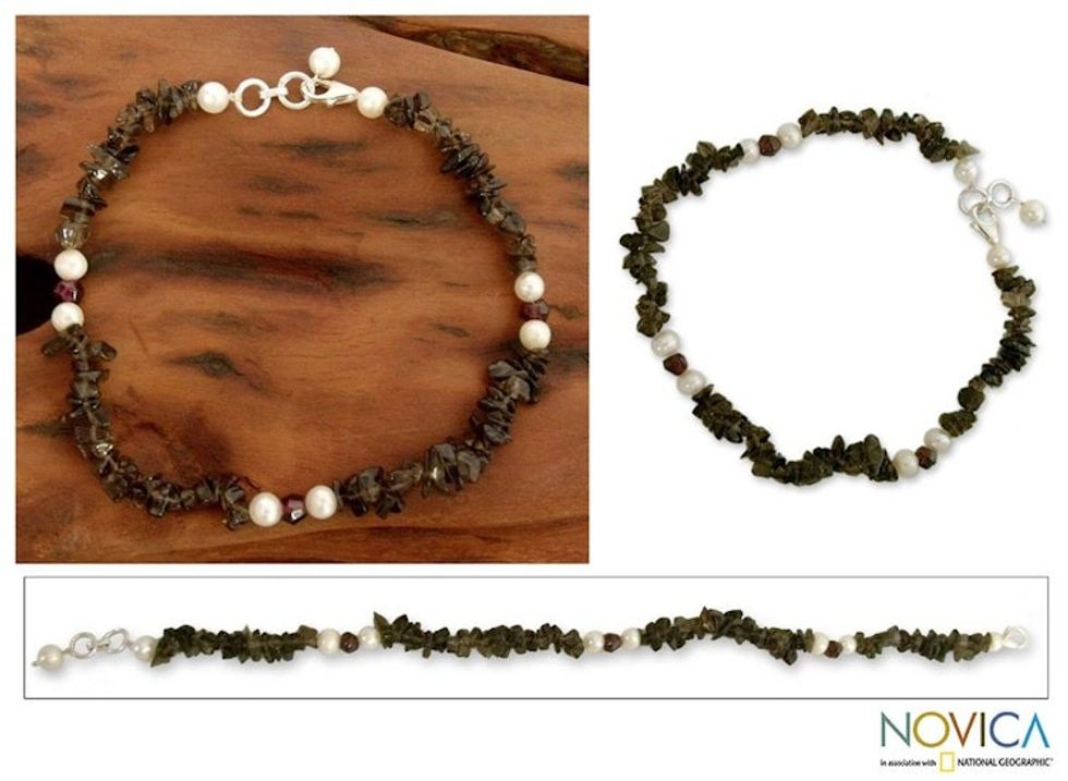 Smoky quartz and pearl beaded anklet 'Love Empowered'