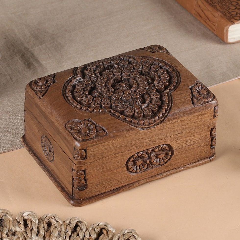 Hand Carved Floral Wood Jewelry Box 'Treasured Roses'