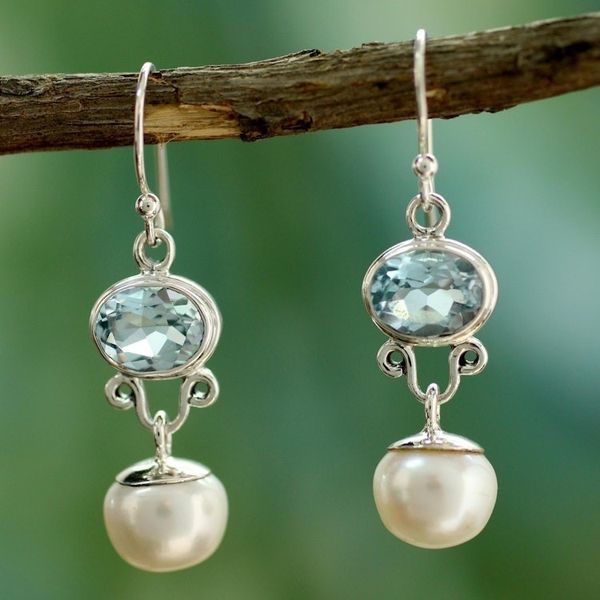 Alternate image for Pearl and Blue Topaz Dangle Earrings Dazzling Delhi