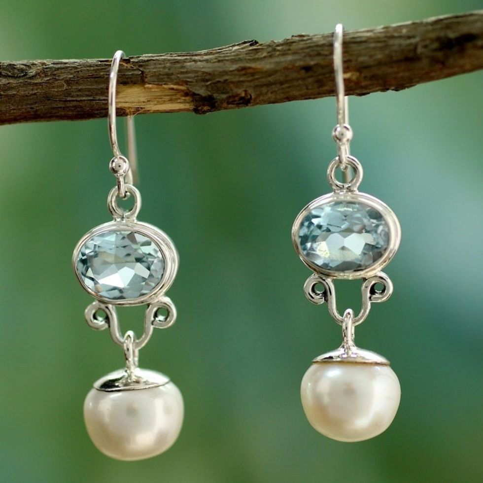 Pearl and Blue Topaz Dangle Earrings 'Dazzling Delhi'