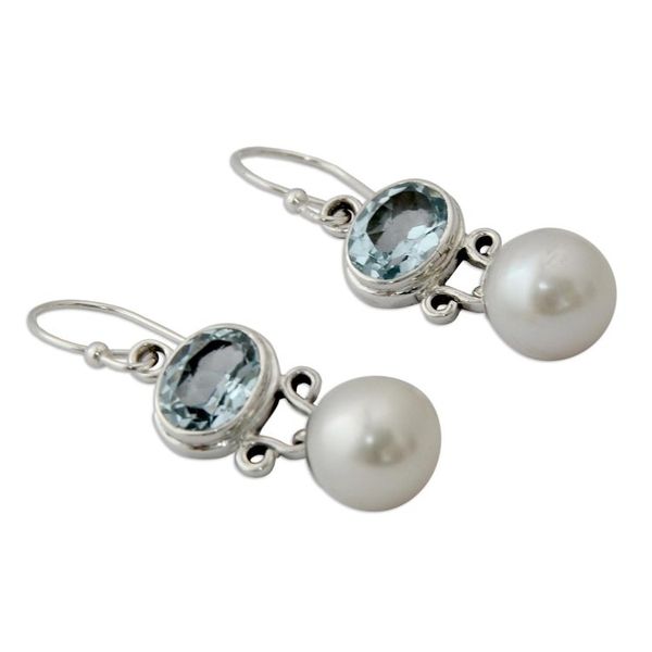 Alternate image for Pearl and Blue Topaz Dangle Earrings Dazzling Delhi