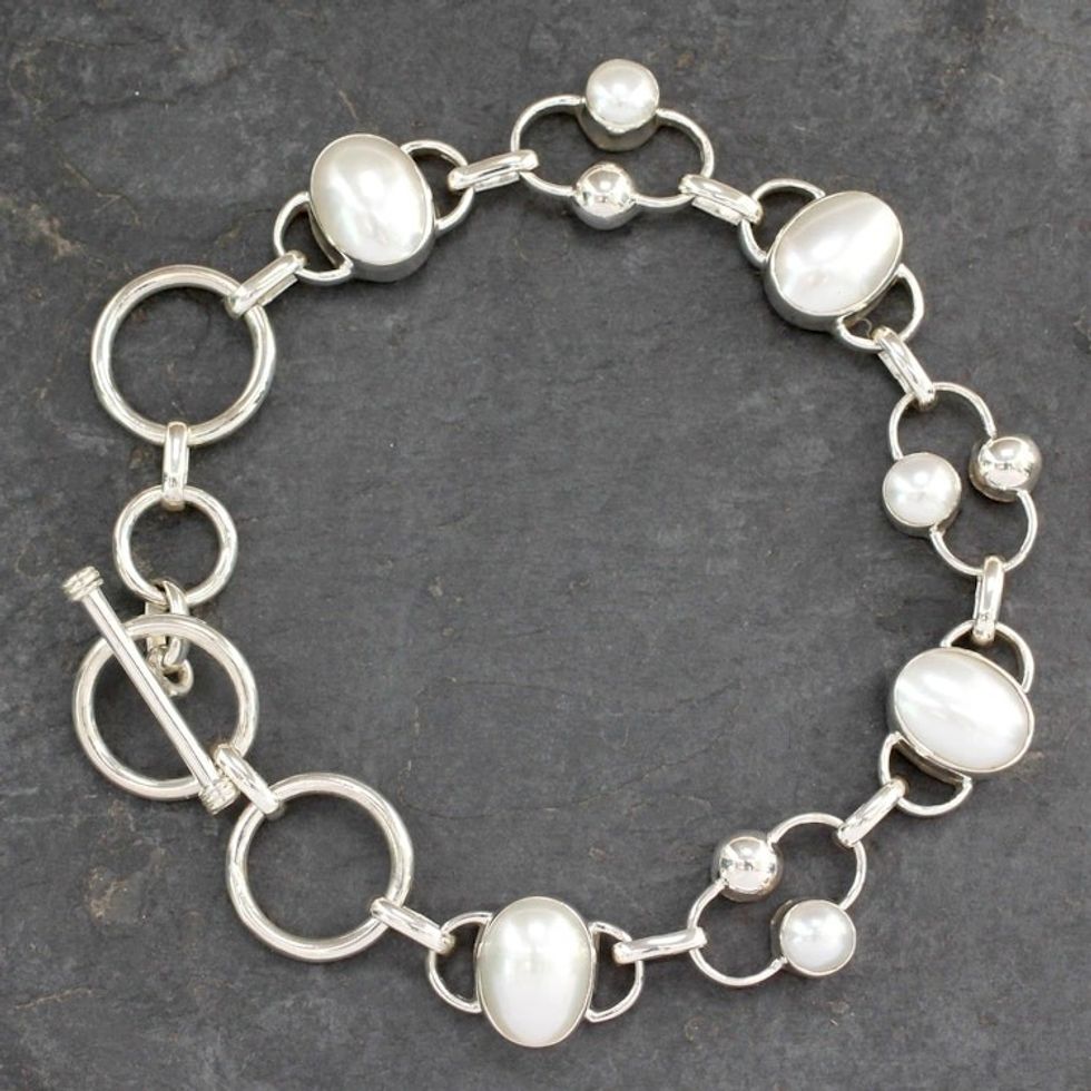 Bridal Sterling Silver Link Pearl Bracelet from India 'Bliss'