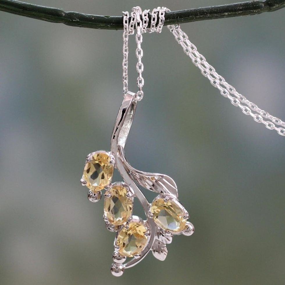 Citrine Pendant on Sterling Silver Necklace from India 'Luminous Bouquet'