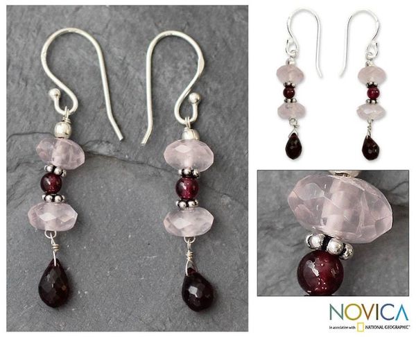 Alternate image for Garnet and rose quartz dangle earrings Romancing Love