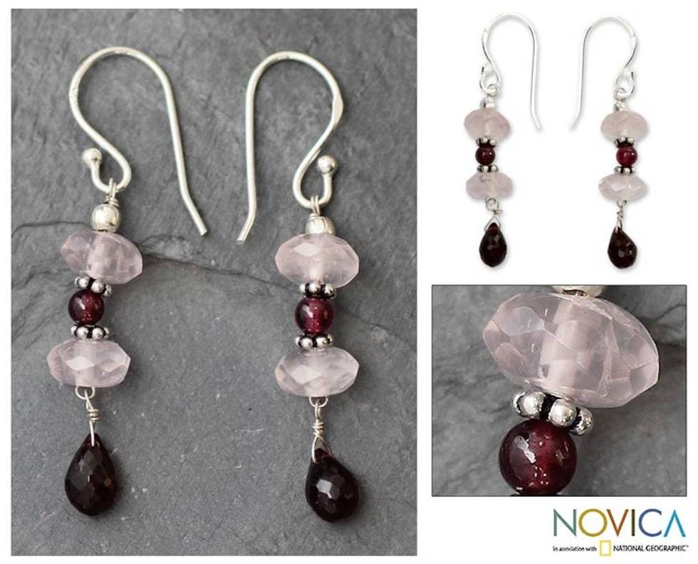 Garnet and rose quartz dangle earrings 'Romancing Love'