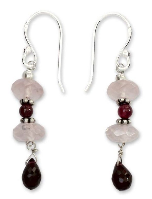 Alternate image for Garnet and rose quartz dangle earrings Romancing Love