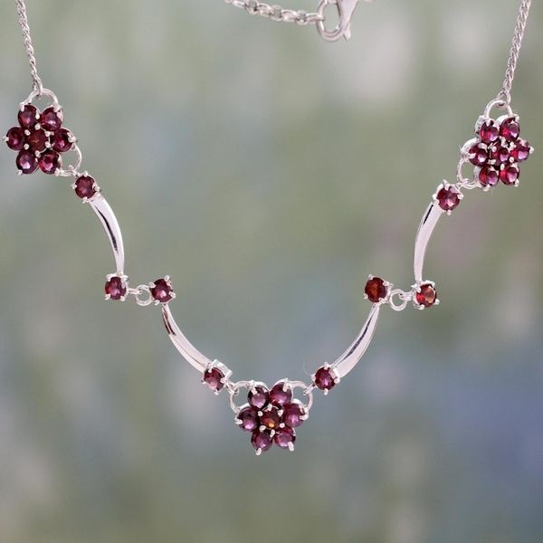 Alternate image for Garnet Flowers on Sterling Silver Necklace from India Blushing Daisies