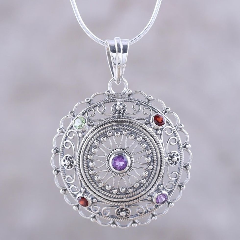 Hand Crafted Sterling Silver Multigem Pendant Necklace 'Gemstone Mandala'