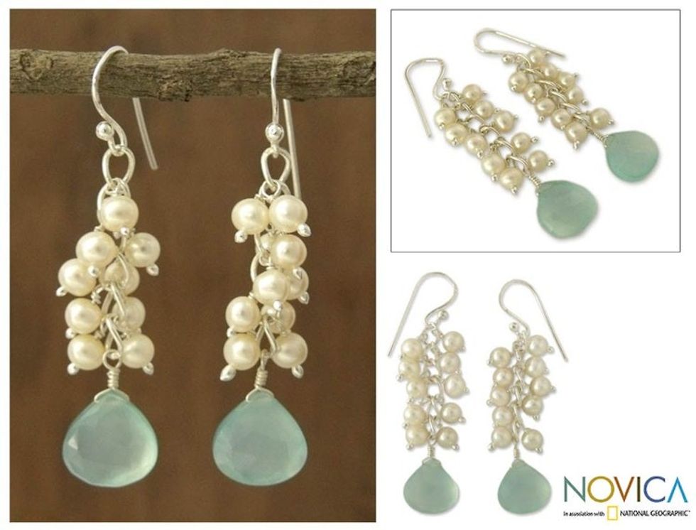 Pearl and chalcedony cluster earrings 'Aqua Shimmer'