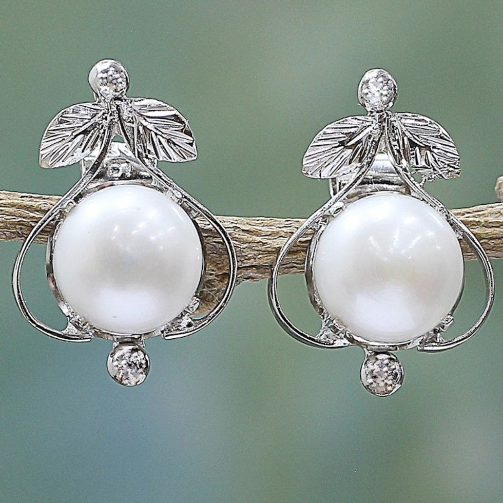 Handcrafted Floral Pearl and Sterling Silver Earrings 'Perfect Purity'
