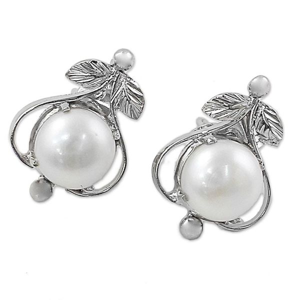 Alternate image for Handcrafted Floral Pearl and Sterling Silver Earrings Perfect Purity
