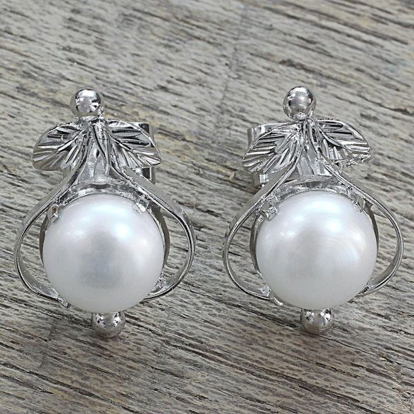 Alternate image for Handcrafted Floral Pearl and Sterling Silver Earrings Perfect Purity