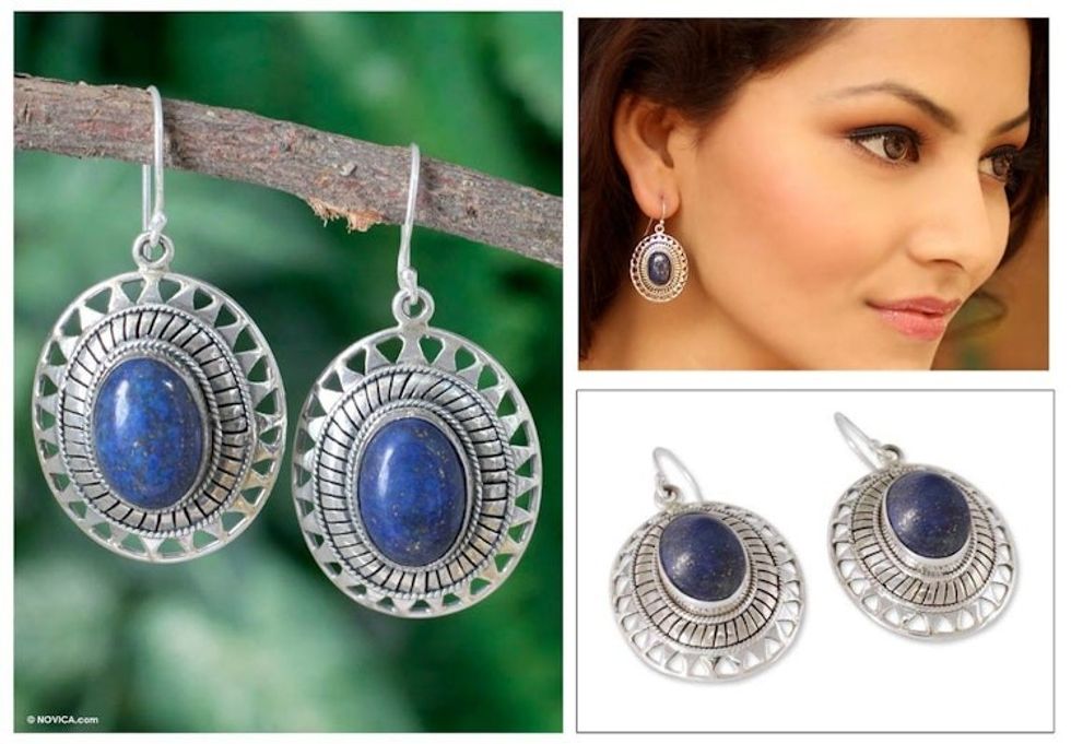 Lapis Lazuli Earrings from India Silver Jewelry Collection 'Tribal Medallion'
