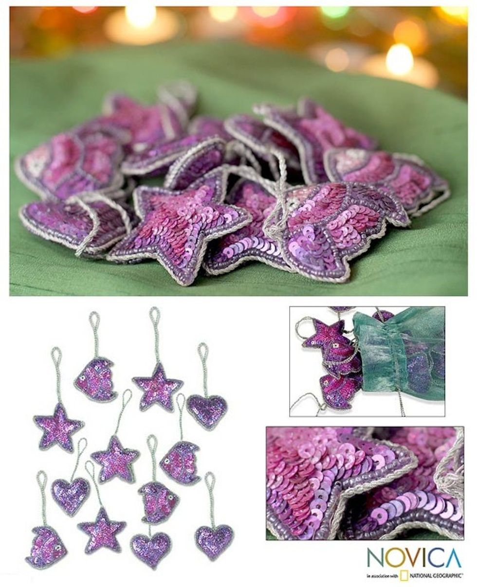 Purple Hand Beaded Ornaments from India Set of 12 'World of Joy'