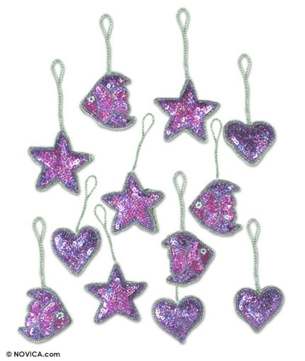 Alternate image for Purple Hand Beaded Ornaments from India Set of 12 World of Joy