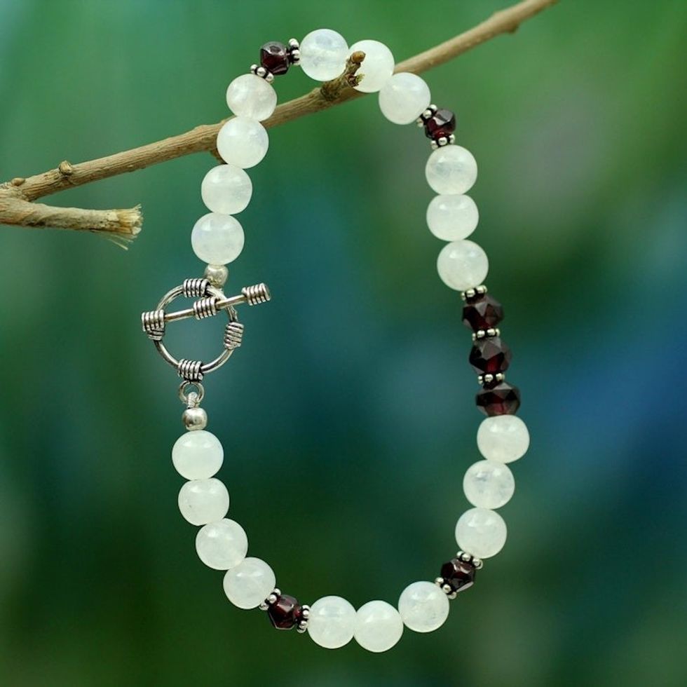 Rainbow Moonstone and garnet beaded bracelet 'Rajasthan Dancer'