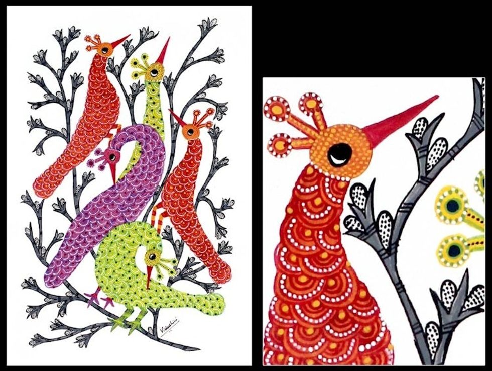 Gond painting 'Peacock Family'