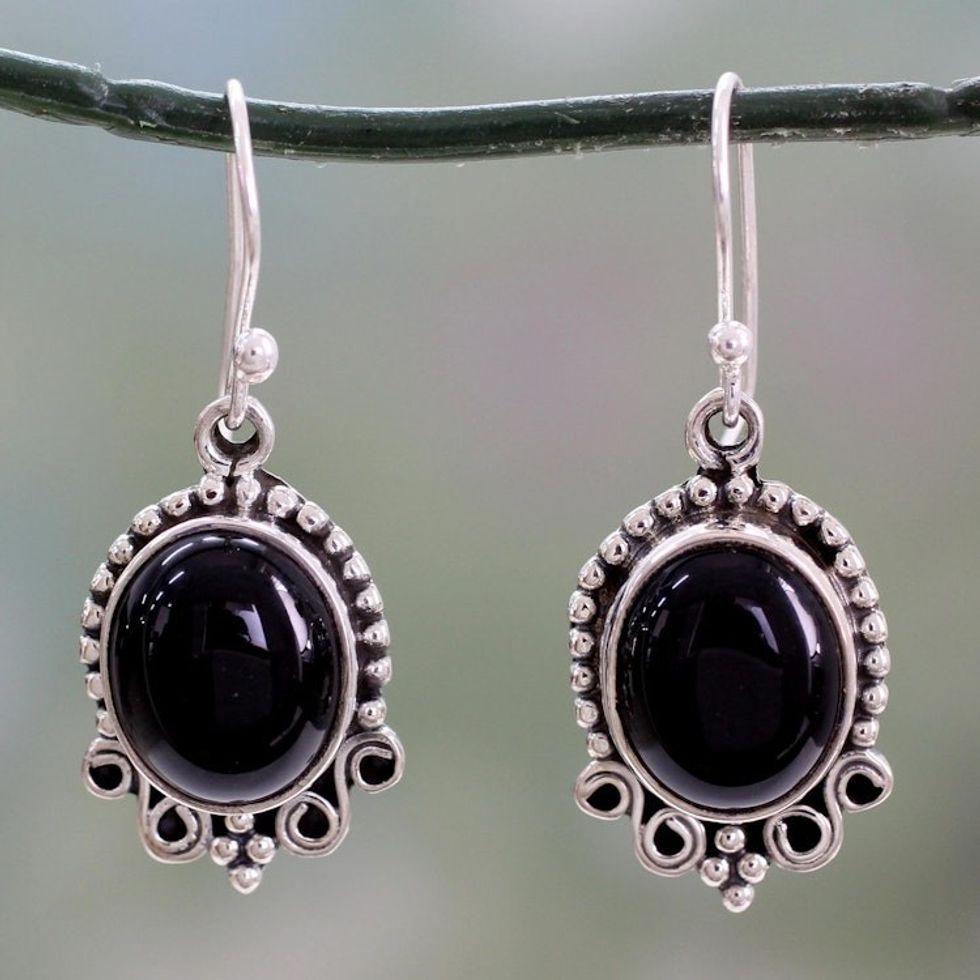 Onyx Dangle Earrings in Sterling Silver from India 'Midnight Kiss'