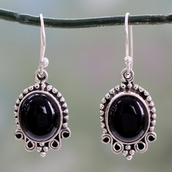 Alternate image for Onyx Dangle Earrings in Sterling Silver from India Midnight Kiss