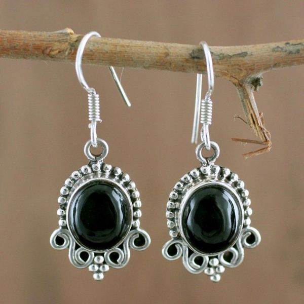 Alternate image for Onyx Dangle Earrings in Sterling Silver from India Midnight Kiss