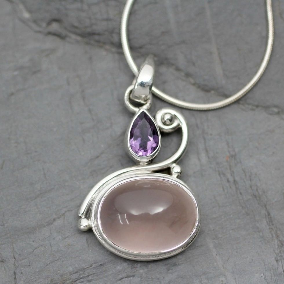 Amethyst and Rose Quartz Pendant Necklace 'Mumbai Dawn'