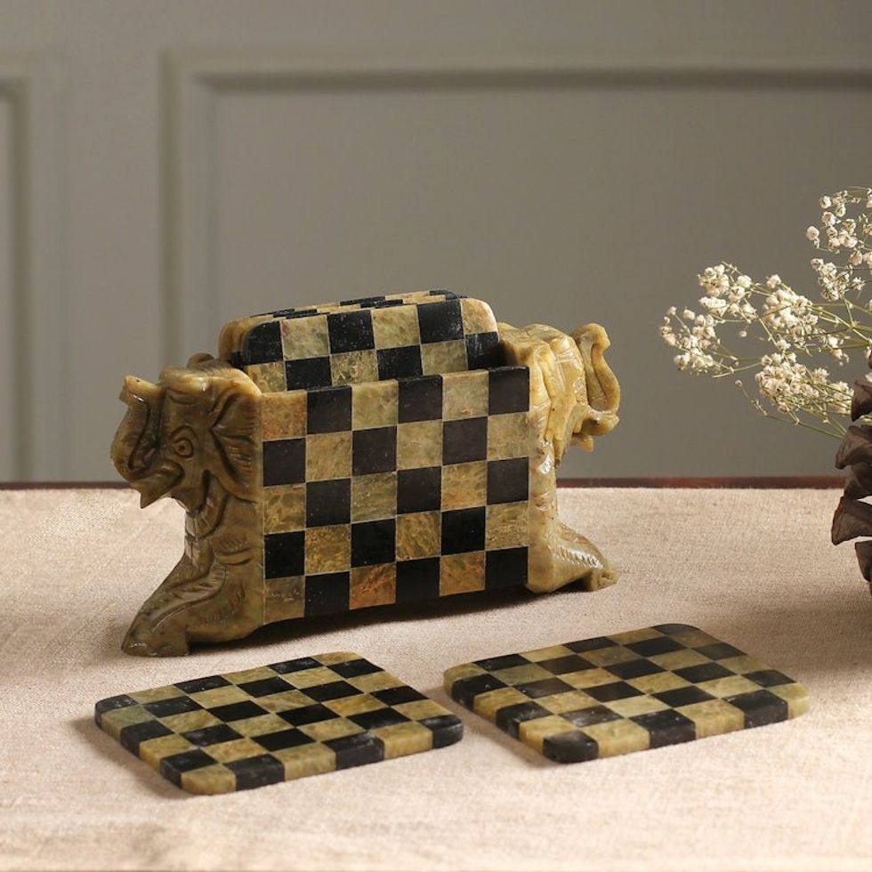 Natural Soapstone Hand Crafted Coasters and Holder 'Elephant Chess'