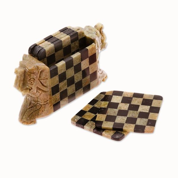 Alternate image for Natural Soapstone Hand Crafted Coasters and Holder Elephant Chess