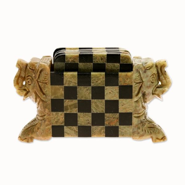 Alternate image for Natural Soapstone Hand Crafted Coasters and Holder Elephant Chess