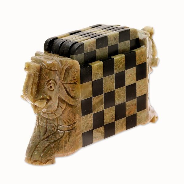 Alternate image for Natural Soapstone Hand Crafted Coasters and Holder Elephant Chess