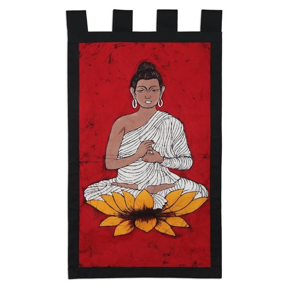 Cotton batik wall hanging 'Buddha on Red'
